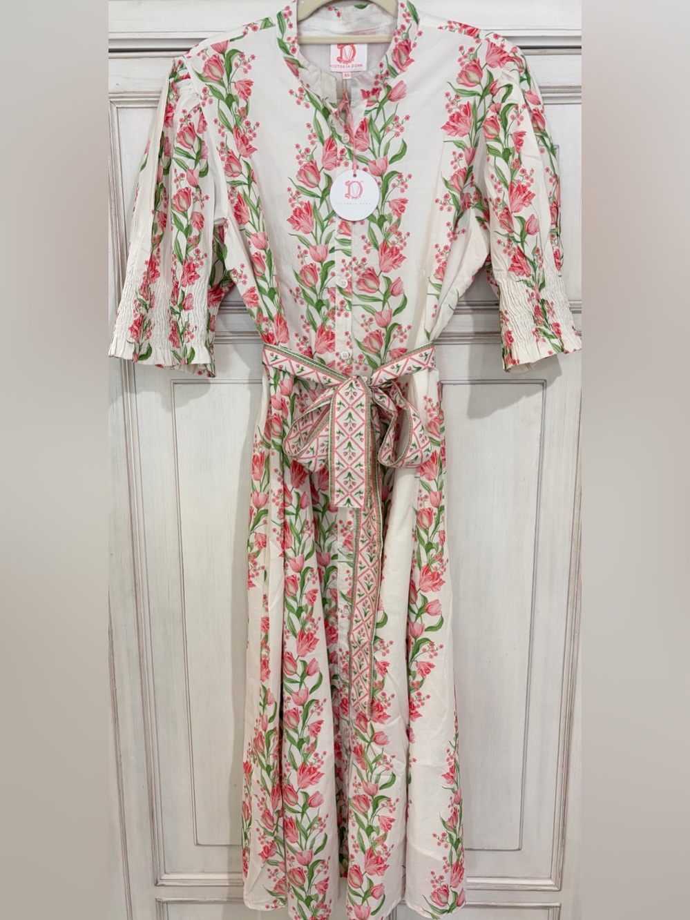 NWT SZ XL Victoria Dunn Maxi Dress with Pink Floral Print and Tie Belt